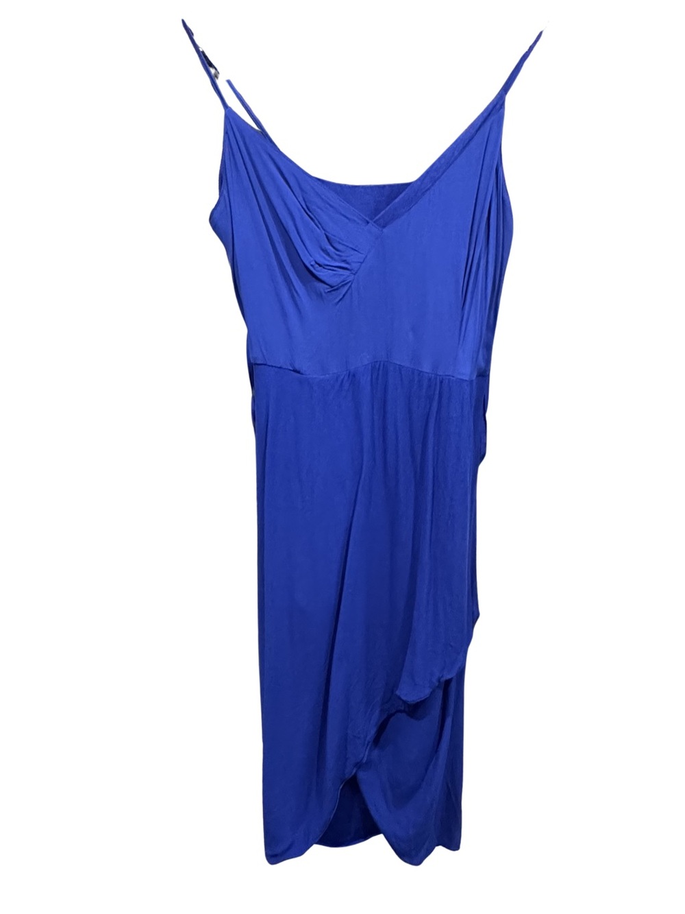 By Anthropologie Blue Satin Draped Wrap Midi Cocktail Dress 0P Petite Wedding - Picture 5 of 12
